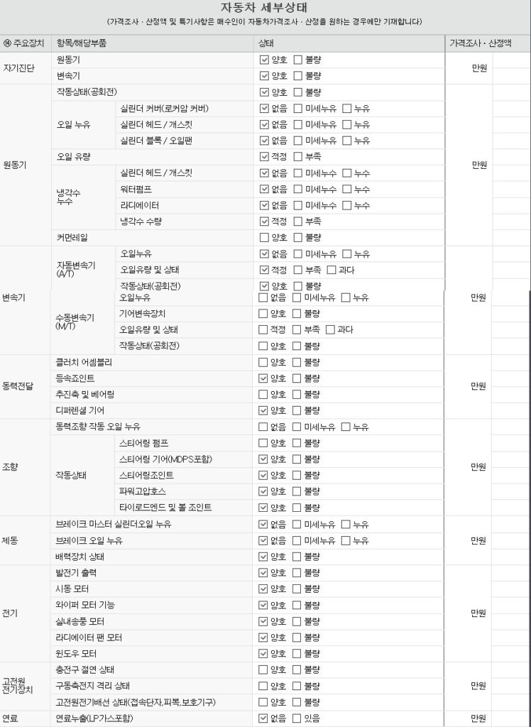 성능 점검 기록부 자동차 세부상태